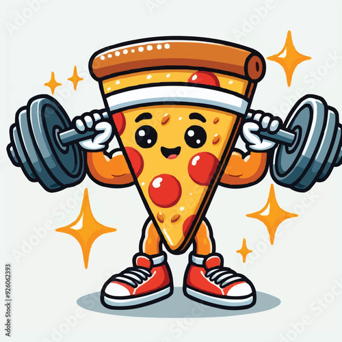Illustration of a pizza food character mascot doing weightlifting exercises