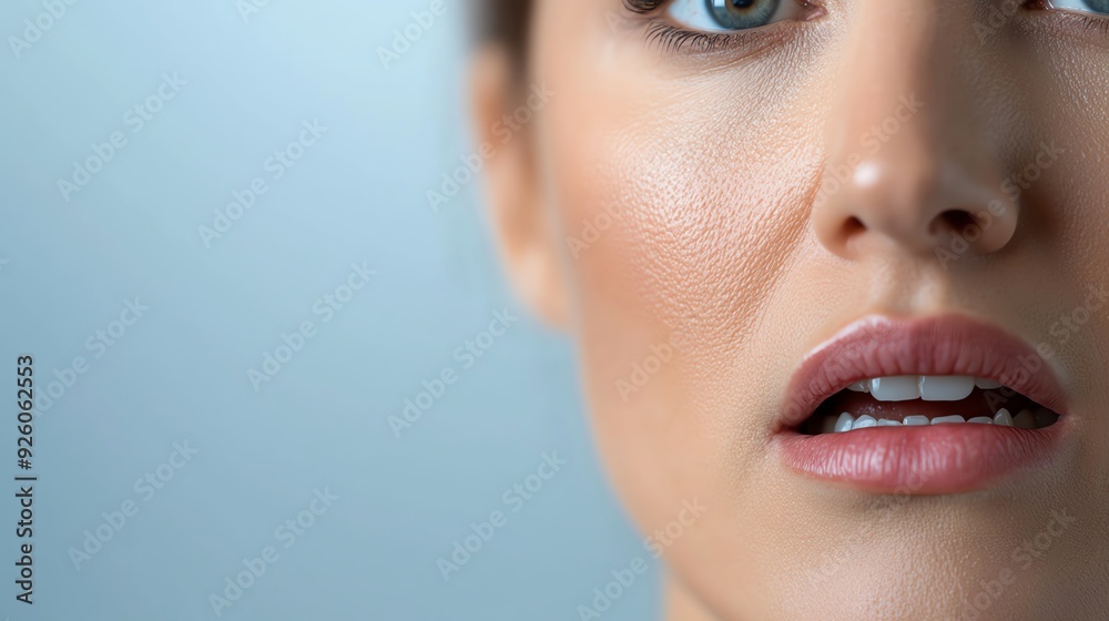 Closeup of a persons face with a tight expression, illustrating sharp jaw pain and hurt, TMJ disorder Closeup of a persons face with a tight expression, illustrating sharp jaw pain and hurt, TMJ disorder