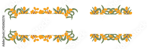 Depiction of two sea buckthorn berry frame with green leaves, vibrant orange berries intertwined with lush green foliage.