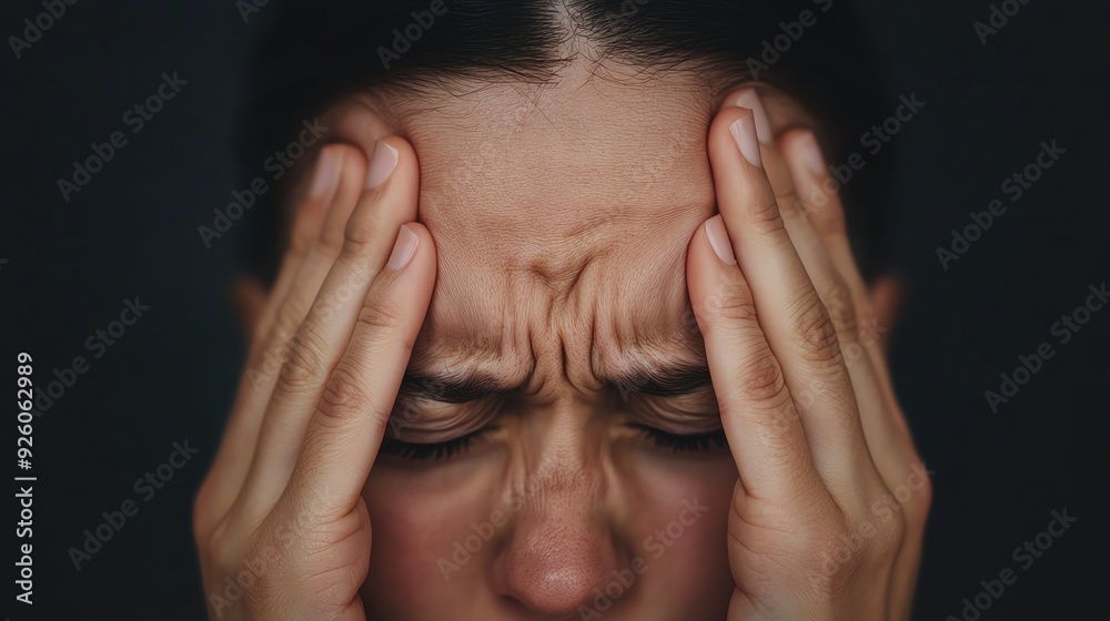 Closeup of a person's hands gripping their temples in intense headache pain, discomfort, neurological issue Closeup of a person's hands gripping their temples in intense headache pain, discomfort, neurological issue