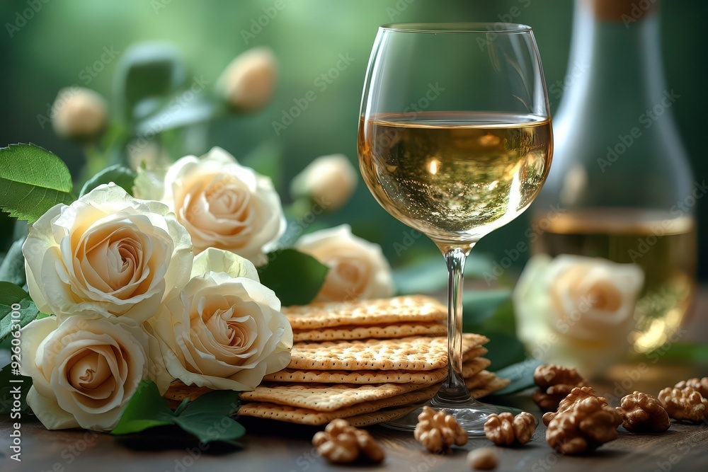 passover table setting with traditional elements artfully arranged matzah kosher wine and walnuts paired with delicate white and yellow roses soft green background adds fresh spring feel passover table setting with traditional elements artfully arranged matzah kosher wine and walnuts paired with delicate white and yellow roses soft green background adds fresh spring feel