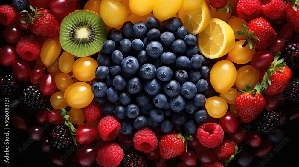 Beautiful multicolored composition made of different berries and fruits. Healthy organic food in rainbow colors, colorful fruit, Ai generated image Beautiful multicolored composition made of different berries and fruits. Healthy organic food in rainbow colors, colorful fruit, Ai generated image