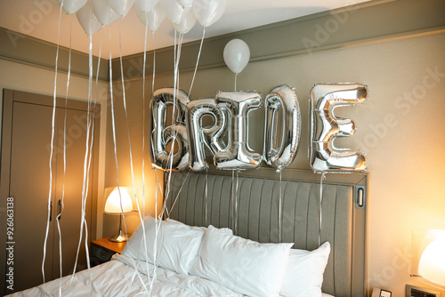 Obraz na płótnie A bride's room decorated with silver foil balloons spelling out