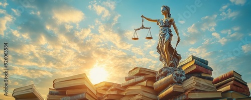 Lady Justice standing on a mountain of law books, with a backdrop of the rising sun, symbolizing enlightenment, main subject on right, copy space  photo