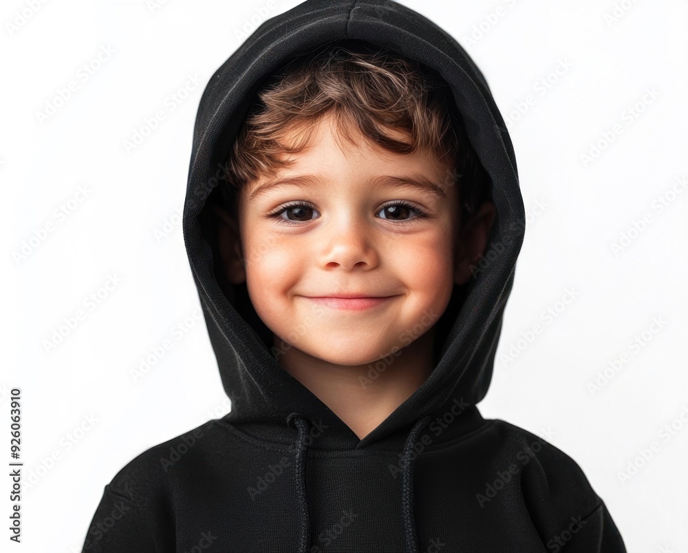 Cute Little Boy in Black Hoodie Smiling on White Background Cute Little Boy in Black Hoodie Smiling on White Background