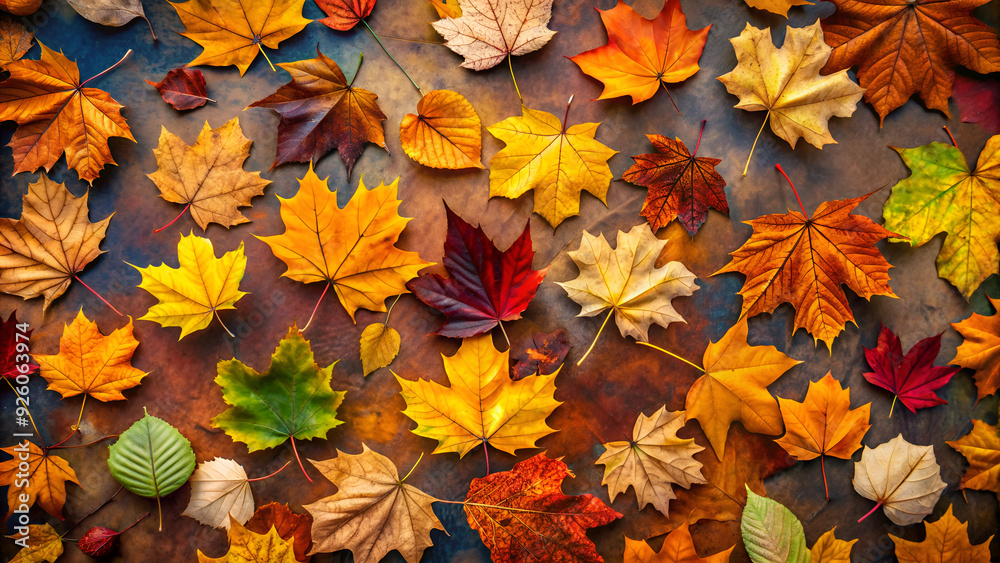 Top View of Colorful Autumn Leaves Spread Out on a Rustic Surface Top View of Colorful Autumn Leaves Spread Out on a Rustic Surface