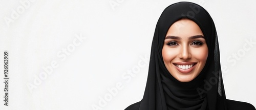 Smiling Young Muslim Woman in Black Hijab Isolated on White Background