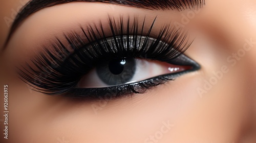 Close-up of black mascara wand touching long eyelashes