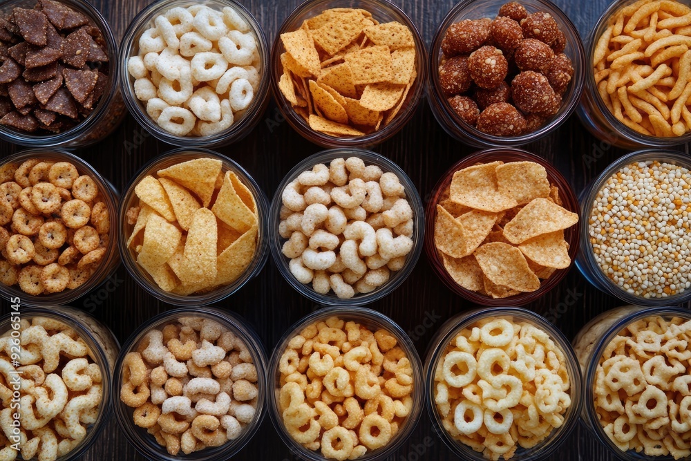 Fototapeta premium Various snacks in glass bowls on wood. The image features an assortment of popular snacks, ideal for food and beverage, or diet and nutrition concepts.