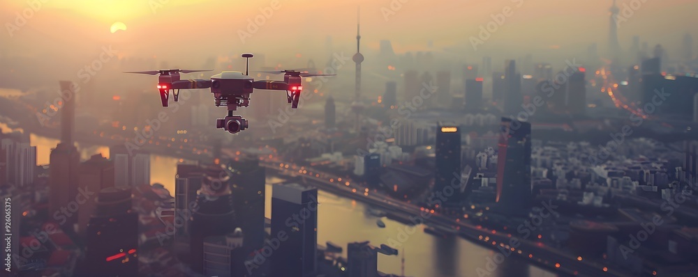 Aerial Drone Monitoring Air in Urban Cityscape at Sunset