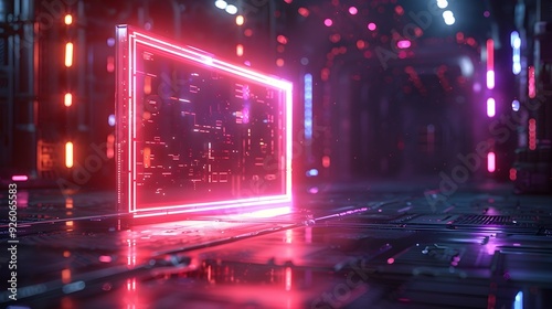 Floating Futuristic Holographic Frame in Sci Fi Digital Cityscape