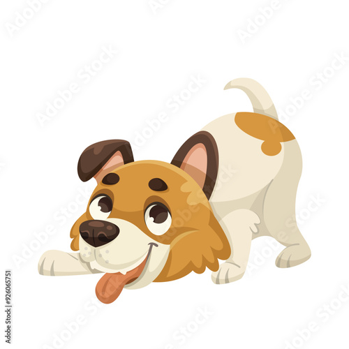 A playful dog cartoon character is shown in a playful stance with its tongue out, on a white background. The image is colorful and light-hearted, representing joy and playfulness. Vector illustration