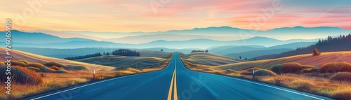 Highway roadtrippers, flat design, top view, freedom journey to the horizon, cartoon drawing, colored pastel, copy space for text