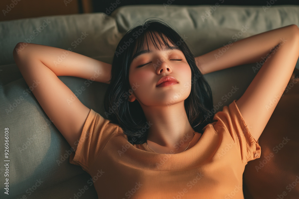 Young Asian woman unwinding on a home sofa, eyes closed and hands behind her head, dressed in casual attire, in a softly lit living room, portrayed in a hyper-realistic photorealistic style. Young Asian woman unwinding on a home sofa, eyes closed and hands behind her head, dressed in casual attire, in a softly lit living room, portrayed in a hyper-realistic photorealistic style.