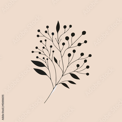 Minimal feminine botanical floral branch in silhouette style Hand drawn wedding herb, minimalistic flowers with elegant leaves Botanical rustic trendy greenery 