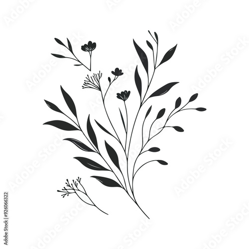 Minimal feminine botanical floral branch in silhouette style Hand drawn wedding herb, minimalistic flowers with elegant leaves Botanical rustic trendy greenery 