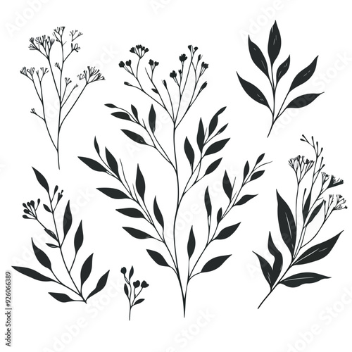 Minimal feminine botanical floral branch in silhouette style Hand drawn wedding herb, minimalistic flowers with elegant leaves Botanical rustic trendy greenery 