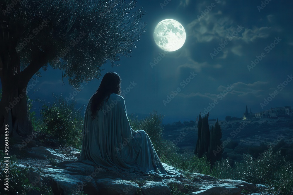 poignant depiction of jesus praying in gethsemane moonlit garden scene with a solitary figure kneeling among olive trees conveying deep emotion and spiritual struggle poignant depiction of jesus praying in gethsemane moonlit garden scene with a solitary figure kneeling among olive trees conveying deep emotion and spiritual struggle