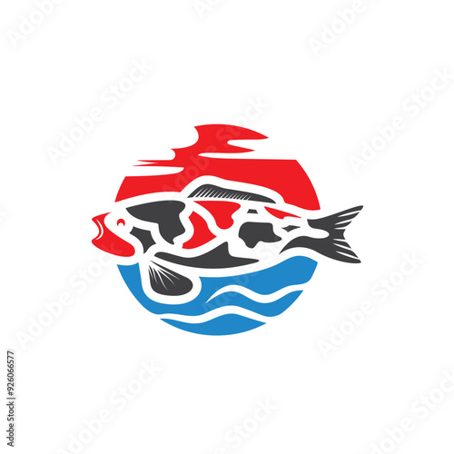 koi fish sun and wave logo icon vector element design template