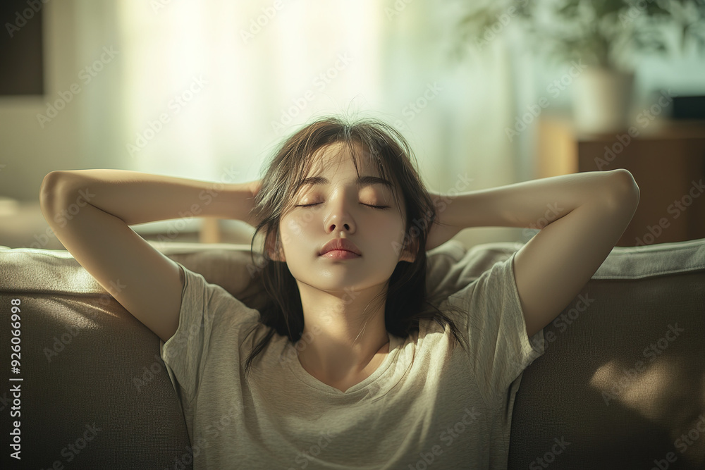 Calm Asian woman resting on a sofa at home, with hands behind her head and eyes closed, wearing casual clothes, in a serene living room environment, captured with a wide-angle lens in a hyper-realisti Calm Asian woman resting on a sofa at home, with hands behind her head and eyes closed, wearing casual clothes, in a serene living room environment, captured with a wide-angle lens in a hyper-realisti