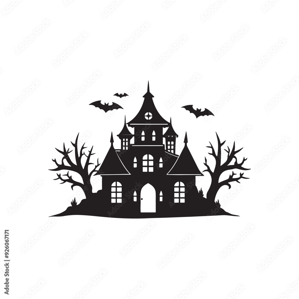 black flat halloween house silhouette vector, white background black flat halloween house silhouette vector, white background