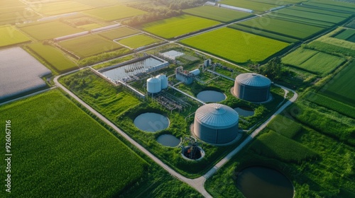 A rural farm utilizing waste-to-biogas conversion technology, with methane gas leak sensors strategically placed to monitor the area. 