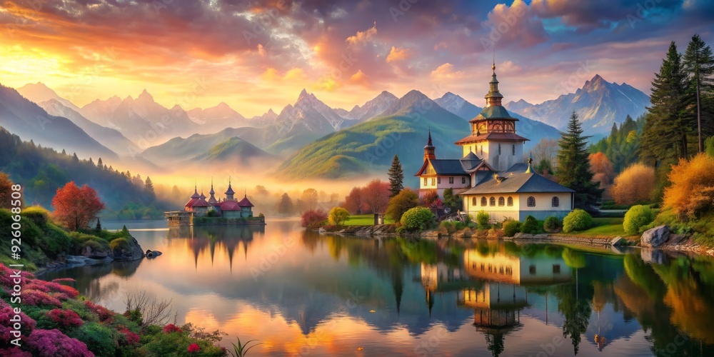 Fototapeta premium Golden hour paints a serene canvas where ancient architecture mirrors in tranquil water, as the sun dips below a picturesque horizon