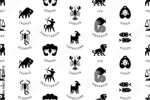 Seamless pattern of Zodiac signs. Horoscope zodiac signs. Icon design