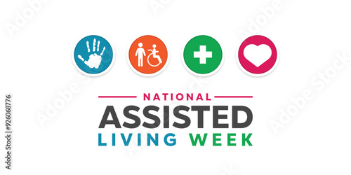 National Assisted Living Week. Hand, people, plus icon and heart. Great for cards, banners, posters, social media and more. White background.