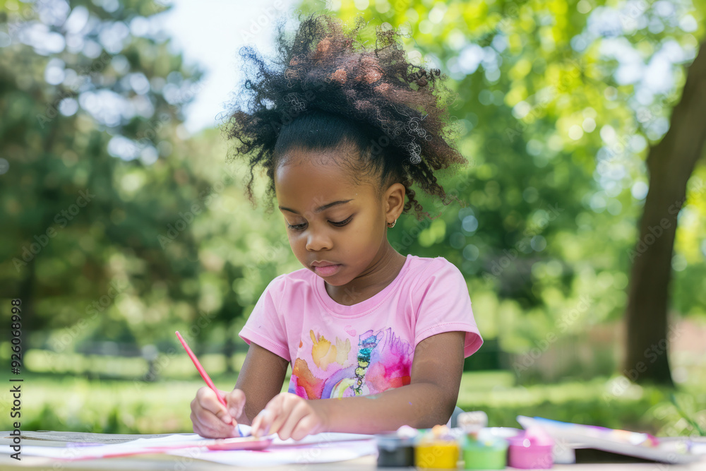 Focused little black girl painting outdoors on summer day. Educational activities for child in nature Focused little black girl painting outdoors on summer day. Educational activities for child in nature