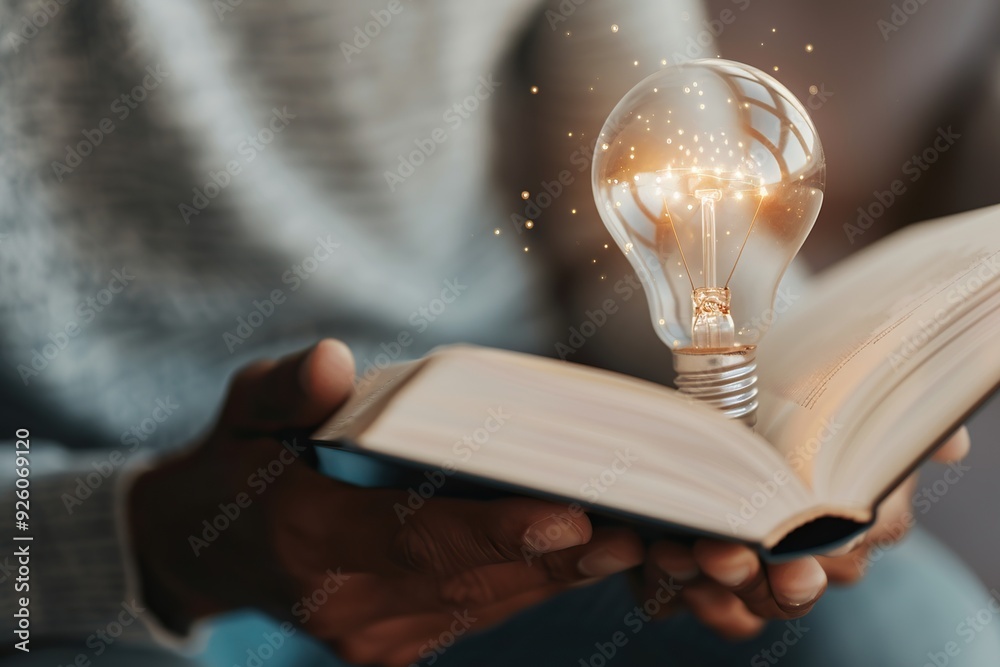 © Nld - A glowing light bulb above an open book symbolizes new ideas and inspiration