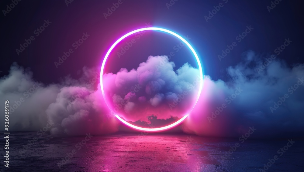 A surreal pink and blue neon circle encircles a cloud in darkness