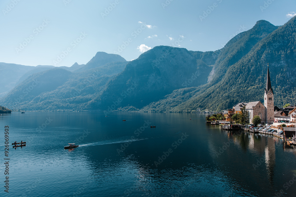 Hallstatt in summer, landscape with lake and old historic village, Austria
