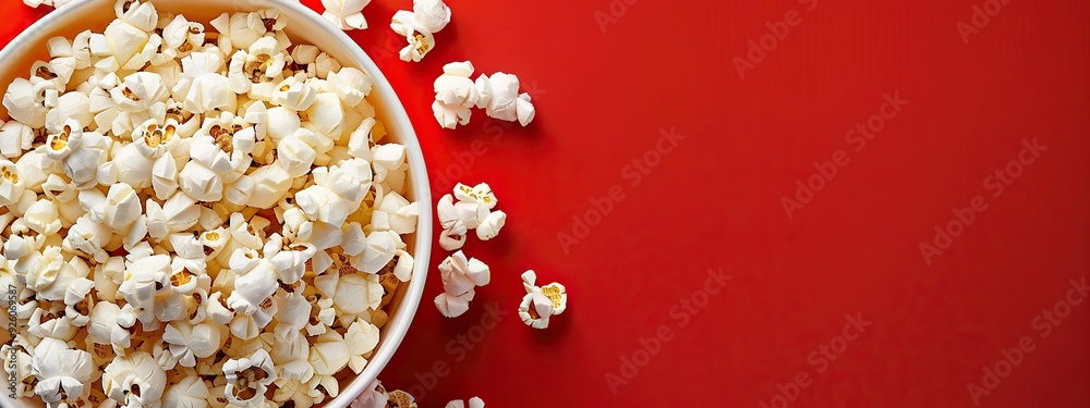 A bucket full of popcorn sits on a vibrant red background with space for text A bucket full of popcorn sits on a vibrant red background with space for text