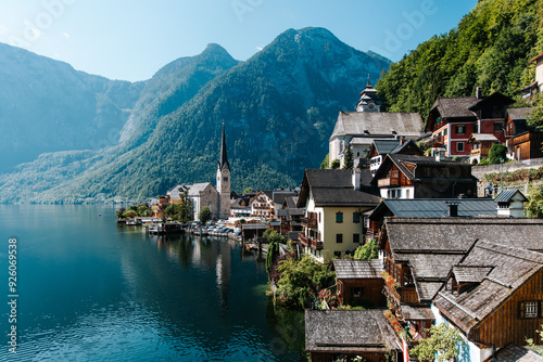 Hallstatt in summer, landscape with lake and old historic village, Austria