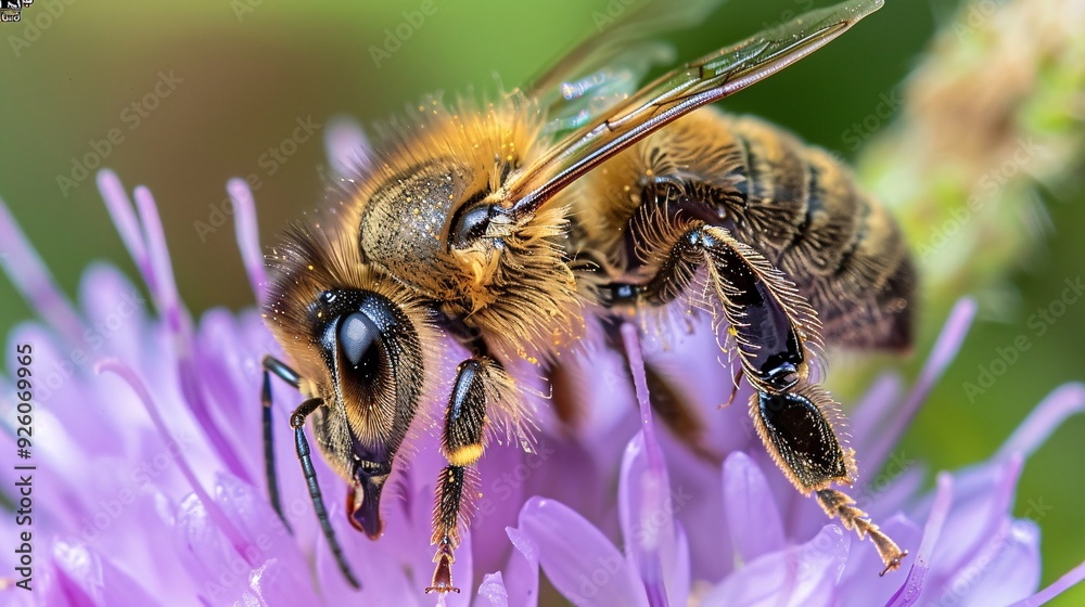 Macro shot of honeybee resting on purple flower, highlighting its legs and wings Macro shot of honeybee resting on purple flower, highlighting its legs and wings