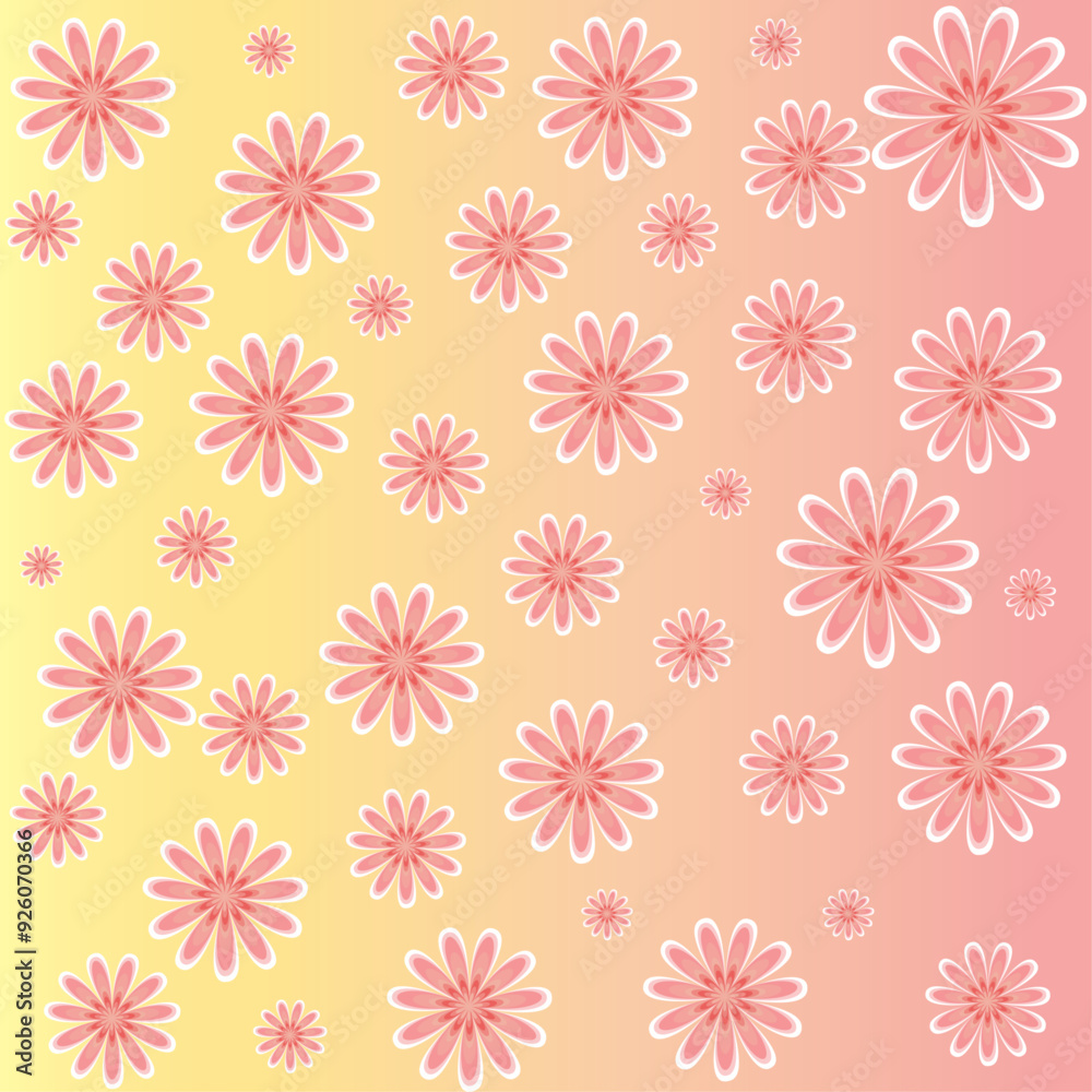 Pink floral pattern with yellow-orange gradient background. Pink floral pattern with yellow-orange gradient background.