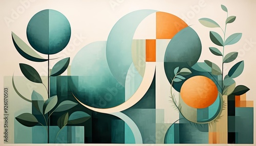 A harmonious blend of organic and geometric shapes in a soothing color palette illustration