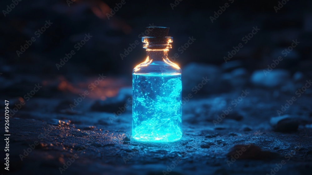 Magical Glowing Potion in Glass Bottle on Mysterious Dark Ground Fantasy Theme Magical Glowing Potion in Glass Bottle on Mysterious Dark Ground Fantasy Theme