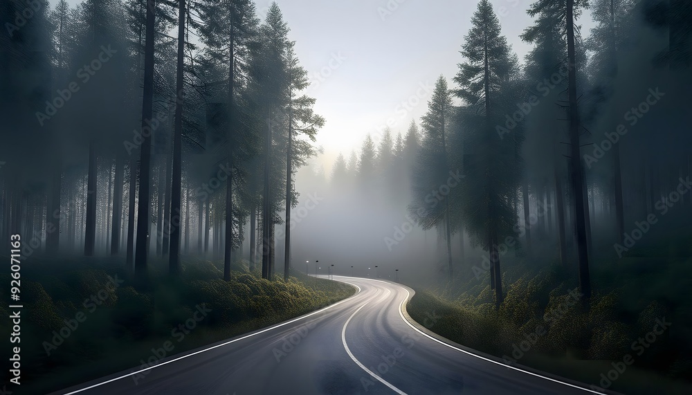 3D rendering of a road landscape passing through pine forests and misty mountains. 3D rendering of a road landscape passing through pine forests and misty mountains.