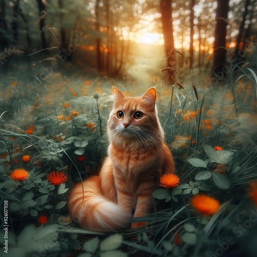 An orange cat sits in the middle of a forest surrounded by beautiful flowers.