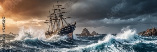 ship with multiple masts on a stormy sea. The sky is dark and cloudy, with waves crashing around the ship.