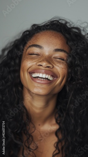 A stunning black woman with long curly hair beams with joy, showcasing her vibrant personality and warmth.