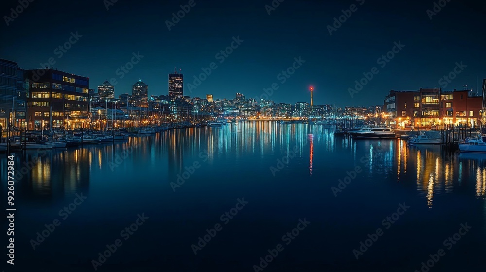 Boston harbor view at night, glowing high-rises reflected in Charles River, historic Faneuil Hall marketplace, illuminated Leona Boston harbor view at night, glowing high-rises reflected in Charles River, historic Faneuil Hall marketplace, illuminated Leona