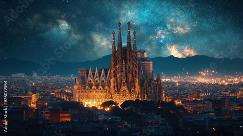 Barcelona cityscape featuring the illuminated Sagrada Familia, its spires reaching towards a starry sky, with a mix of Gothic 