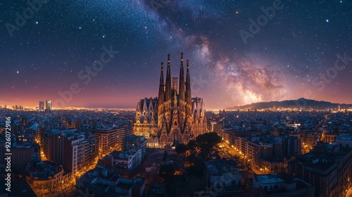 Barcelona cityscape featuring the illuminated Sagrada Familia, its spires reaching towards a starry sky, with a mix of Gothic and modernist architecture  photo