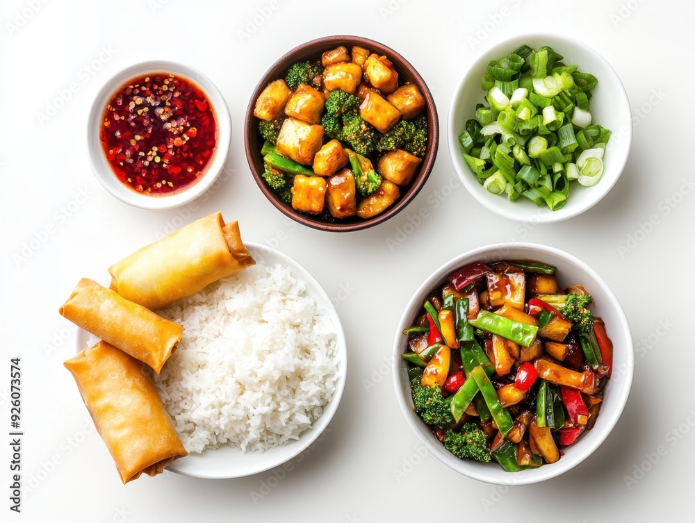 A colorful array of Asian-inspired dishes including rice, spring rolls, and vegetables. A colorful array of Asian-inspired dishes including rice, spring rolls, and vegetables.