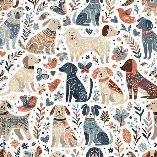 Seamless Pattern of Colorful Dogs with Floral Elements