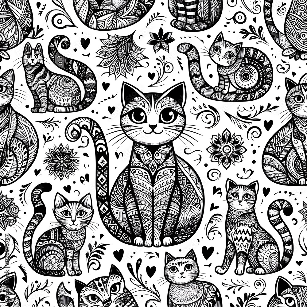 Obraz premium Seamless Pattern of Ornate Cats with Floral Designs