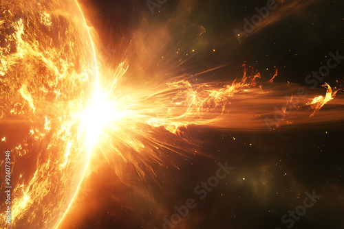 Dramatic depiction of a solar flare and plasma ejection from the sun, triggering magnetic storms on Earth and affecting space weather.
 photo